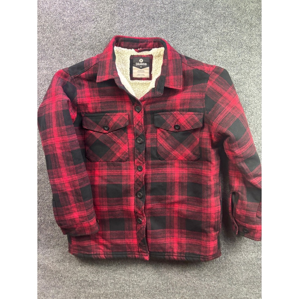 Dravus Flannel Shirt Jacket Mens Size M Red Black Plaid Sherpa Lined Pockets